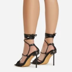 EGO Tour Lace Up Knotted Strap Cage Detail Square Toe Thin Stiletto Heel In Black Faux Leather -EGO Sales 06 01 23 fw46074 sb