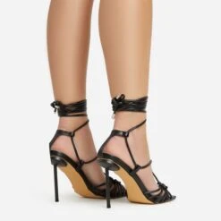 EGO Tour Lace Up Knotted Strap Cage Detail Square Toe Thin Stiletto Heel In Black Faux Leather -EGO Sales 06 01 23 fw46075 sb2