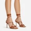 EGO Tour Lace Up Knotted Strap Cage Detail Square Toe Thin Stiletto Heel In Tan Brown Faux Leather
