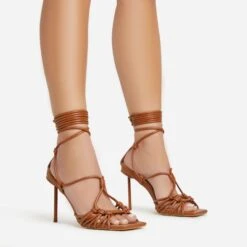 EGO Tour Lace Up Knotted Strap Cage Detail Square Toe Thin Stiletto Heel In Tan Brown Faux Leather