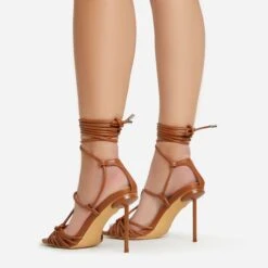 EGO Tour Lace Up Knotted Strap Cage Detail Square Toe Thin Stiletto Heel In Tan Brown Faux Leather -EGO Sales 06 01 23 fw46080 sb