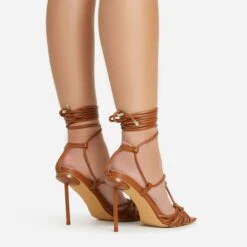 EGO Tour Lace Up Knotted Strap Cage Detail Square Toe Thin Stiletto Heel In Tan Brown Faux Leather -EGO Sales 06 01 23 fw46081 sb2
