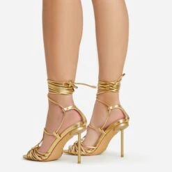 EGO Tour Lace Up Knotted Strap Cage Detail Square Toe Thin Stiletto Heel In Gold Metallic Faux Leather -EGO Sales 06 01 23 fw46085 sb2