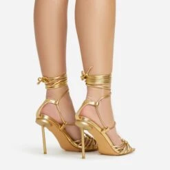 EGO Tour Lace Up Knotted Strap Cage Detail Square Toe Thin Stiletto Heel In Gold Metallic Faux Leather -EGO Sales 06 01 23 fw46086 sb