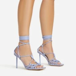 EGO Tour Lace Up Knotted Strap Cage Detail Square Toe Thin Stiletto Heel In Lilac Faux Leather