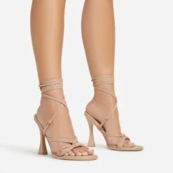 EGO Tied-Up Lace Up Knotted Strap Detail Round Toe Flared Block Heel In Nude Faux Leather
