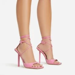EGO Pamela Lace Up Strappy Square Peep Toe Stiletto Heel In Pink Patent