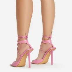 EGO Pamela Lace Up Strappy Square Peep Toe Stiletto Heel In Pink Patent -EGO Sales 06 01 23 fw46117 sb2