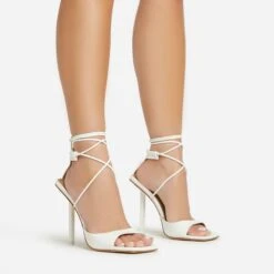 EGO Pamela Lace Up Strappy Square Peep Toe Stiletto Heel In White Patent