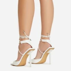 EGO Pamela Lace Up Strappy Square Peep Toe Stiletto Heel In White Patent -EGO Sales 06 01 23 fw46122 sb