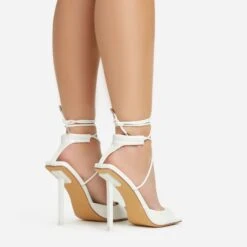 EGO Pamela Lace Up Strappy Square Peep Toe Stiletto Heel In White Patent -EGO Sales 06 01 23 fw46123 sb