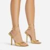 EGO Pamela Lace Up Strappy Square Peep Toe Stiletto Heel In Gold Faux Leather -EGO Sales 06 01 23 fw46125 s