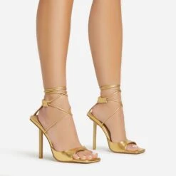 EGO Pamela Lace Up Strappy Square Peep Toe Stiletto Heel In Gold Faux Leather