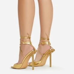 EGO Pamela Lace Up Strappy Square Peep Toe Stiletto Heel In Gold Faux Leather -EGO Sales 06 01 23 fw46127 sb2