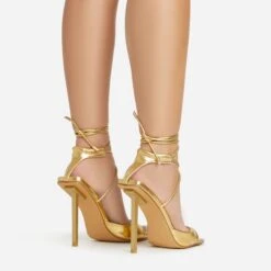EGO Pamela Lace Up Strappy Square Peep Toe Stiletto Heel In Gold Faux Leather -EGO Sales 06 01 23 fw46128 sb