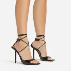 EGO Pamela Lace Up Strappy Square Peep Toe Stiletto Heel In Black Patent