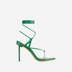 EGO Spider Lace Up Knotted Strap Detail Square Toe Thin Stiletto Heel In Green Faux Leather -EGO Sales 06 01 23 fw46173 sq