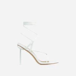 EGO Spider Lace Up Knotted Strap Detail Square Toe Thin Stiletto Heel In White Faux Leather -EGO Sales 06 01 23 fw46188 sq