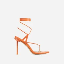 EGO Spider Lace Up Knotted Strap Detail Square Toe Thin Stiletto Heel In Orange Faux Leather -EGO Sales 06 01 23 fw46189 sq
