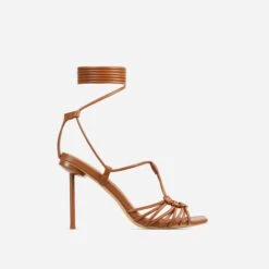 EGO Tour Lace Up Knotted Strap Cage Detail Square Toe Thin Stiletto Heel In Tan Brown Faux Leather -EGO Sales 06 01 23 fw46195 sq