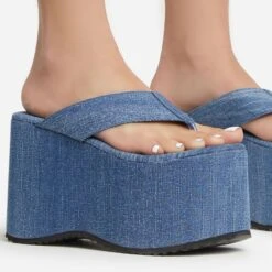 EGO Burning Thong Strap Extreme Platform Wedge Heel Mule In Blue Denim -EGO Sales 06 01 23 fw47242 sq