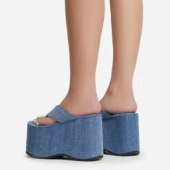 EGO Burning Thong Strap Extreme Platform Wedge Heel Mule In Blue Denim -EGO Sales 06 01 23 fw47243 sb