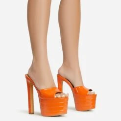 EGO Merge Peep Toe Exteme Platform Thin Block Heel Mule In Orange Patent -EGO Sales 06 01 23 fw47302 s