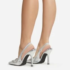 EGO Interlocking Diamante Detail Pointed Toe Slingback Court Heel In Silver Faux Leather -EGO Sales 06 01 23 fw47325 sq