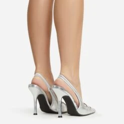 EGO Interlocking Diamante Detail Pointed Toe Slingback Court Heel In Silver Faux Leather -EGO Sales 06 01 23 fw47326 sq