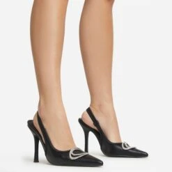 EGO Interlocking Diamante Detail Pointed Toe Slingback Court Heel In Black Faux Leather