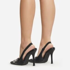 EGO Interlocking Diamante Detail Pointed Toe Slingback Court Heel In Black Faux Leather -EGO Sales 06 01 23 fw47330 sq