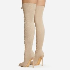 EGO Zeri Lace Up Pointed Toe Stiletto Heel Over The Knee Thigh High Boot In Nude Ribbed Knit -EGO Sales 06 01 23 fw47370 sb2