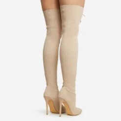 EGO Zeri Lace Up Pointed Toe Stiletto Heel Over The Knee Thigh High Boot In Nude Ribbed Knit -EGO Sales 06 01 23 fw47371 sb2