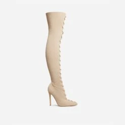 EGO Zeri Lace Up Pointed Toe Stiletto Heel Over The Knee Thigh High Boot In Nude Ribbed Knit -EGO Sales 06 01 23 fw47372 sq