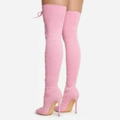 EGO Zeri Lace Up Pointed Toe Stiletto Heel Over The Knee Thigh High Boot In Pink Ribbed Knit -EGO Sales 06 01 23 fw47376 sb
