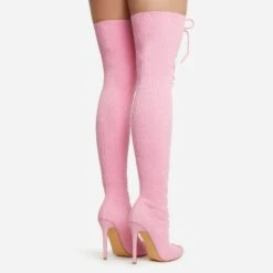 EGO Zeri Lace Up Pointed Toe Stiletto Heel Over The Knee Thigh High Boot In Pink Ribbed Knit -EGO Sales 06 01 23 fw47377 sb2