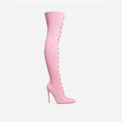 EGO Zeri Lace Up Pointed Toe Stiletto Heel Over The Knee Thigh High Boot In Pink Ribbed Knit -EGO Sales 06 01 23 fw47378 sq