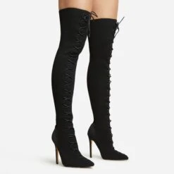 EGO Zeri Lace Up Pointed Toe Stiletto Heel Over The Knee Thigh High Boot In Black Ribbed Knit