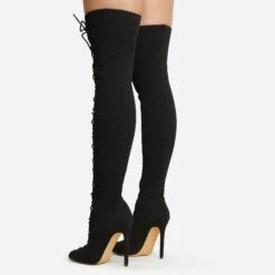 EGO Zeri Lace Up Pointed Toe Stiletto Heel Over The Knee Thigh High Boot In Black Ribbed Knit -EGO Sales 06 01 23 fw47382 sb