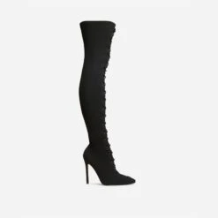 EGO Zeri Lace Up Pointed Toe Stiletto Heel Over The Knee Thigh High Boot In Black Ribbed Knit -EGO Sales 06 01 23 fw47384 sq