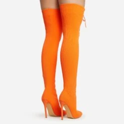 EGO Zeri Lace Up Pointed Toe Stiletto Heel Over The Knee Thigh High Boot In Orange Ribbed Knit -EGO Sales 06 01 23 fw47389 sb2