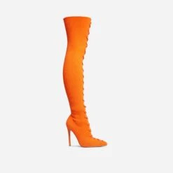 EGO Zeri Lace Up Pointed Toe Stiletto Heel Over The Knee Thigh High Boot In Orange Ribbed Knit -EGO Sales 06 01 23 fw47390 sq