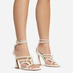 EGO Truth-Or-Dare Beaded Strap Detail Square Toe Flared Block Heel In White Faux Leather -EGO Sales 06 01 23 fw47392 s