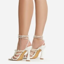EGO Truth-Or-Dare Beaded Strap Detail Square Toe Flared Block Heel In White Faux Leather -EGO Sales 06 01 23 fw47394 sb