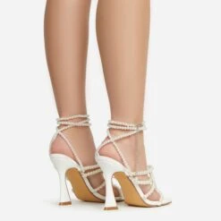 EGO Truth-Or-Dare Beaded Strap Detail Square Toe Flared Block Heel In White Faux Leather -EGO Sales 06 01 23 fw47395 sb2