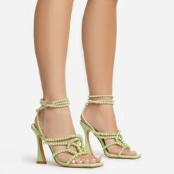 EGO Truth-Or-Dare Beaded Strap Detail Square Toe Flared Block Heel In Green Faux Leather -EGO Sales 06 01 23 fw47408 s