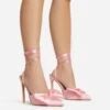 EGO Bowdown Lace Up Bow Detail Pointed Toe Stiletto Heel In Pink Satin