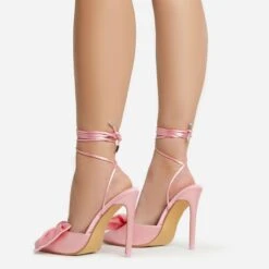 EGO Bowdown Lace Up Bow Detail Pointed Toe Stiletto Heel In Pink Satin -EGO Sales 06 01 23 fw47415 sb