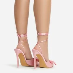 EGO Bowdown Lace Up Bow Detail Pointed Toe Stiletto Heel In Pink Satin -EGO Sales 06 01 23 fw47416 sb2