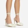 EGO Bowdown Lace Up Bow Detail Pointed Toe Stiletto Heel In Cream Satin -EGO Sales 06 01 23 fw47418 s